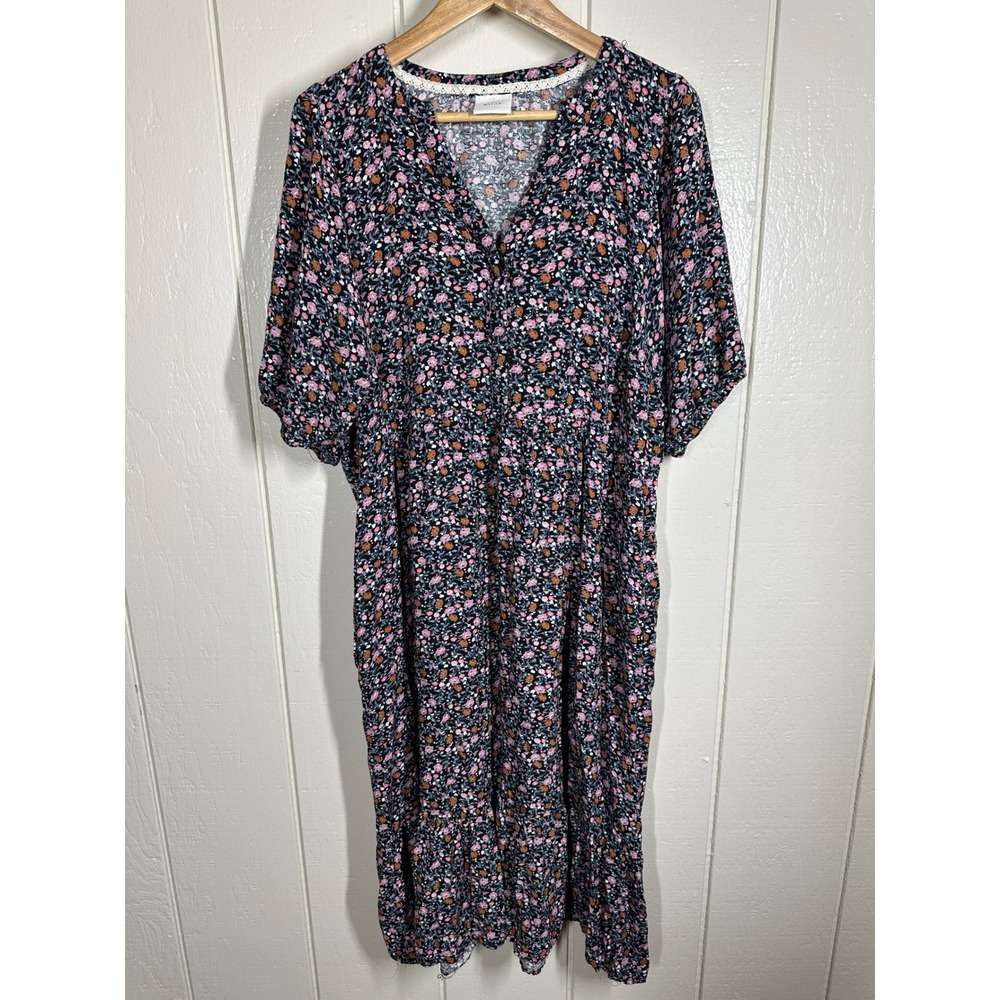Knox Rose Dress Womens XL Navy Floral Midi Tiered Boho V-Neck Short Sleeve 7676